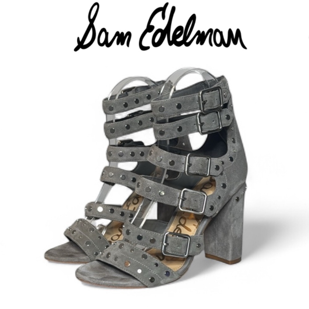 SAM EDELMAN YORK GREY SUEDE BLOCK HEEL STRAPPY STUDDED SANDALS